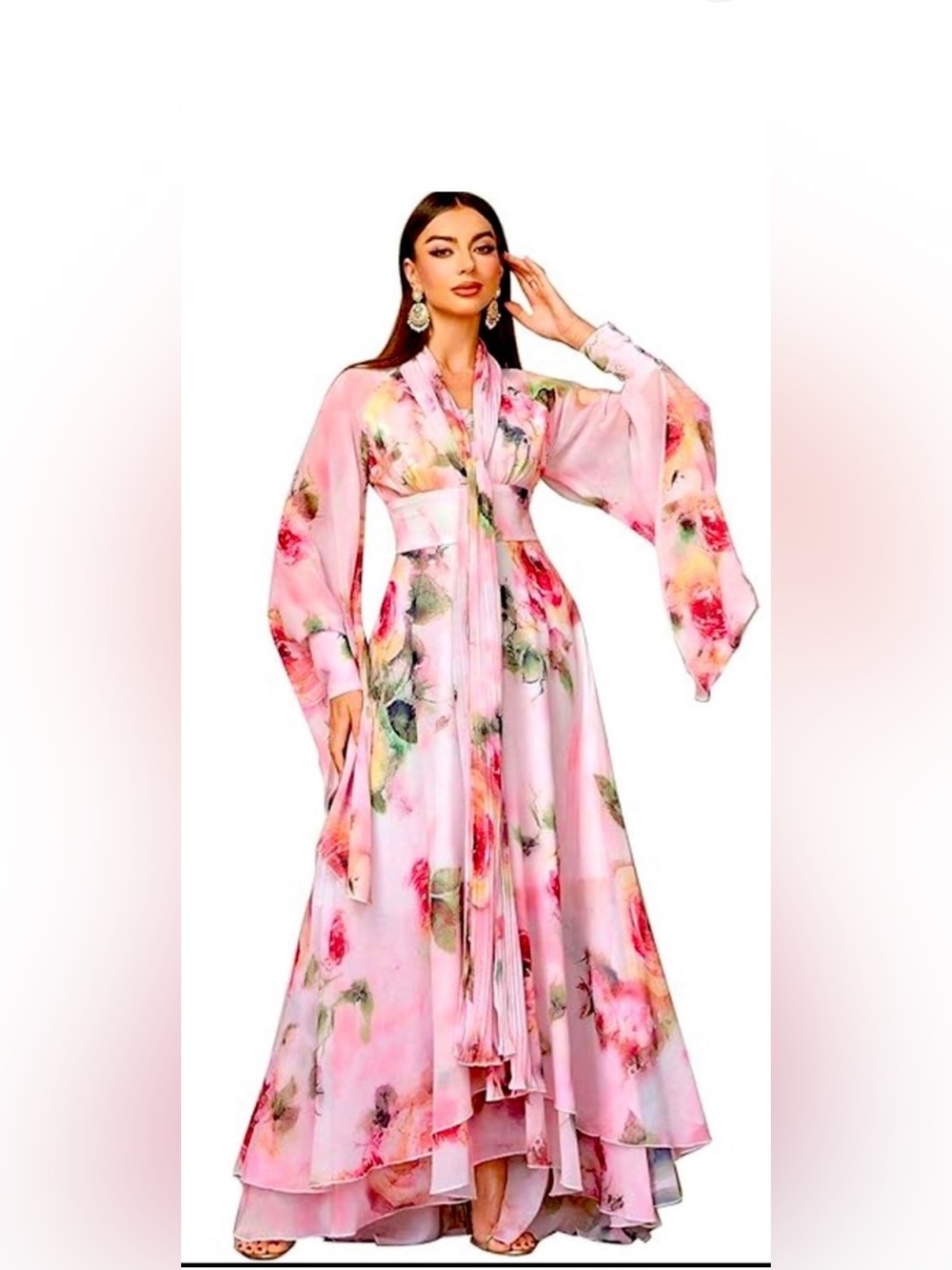 Toleen pink floral long-sleeve maxi dress draped chiffon construct size XL